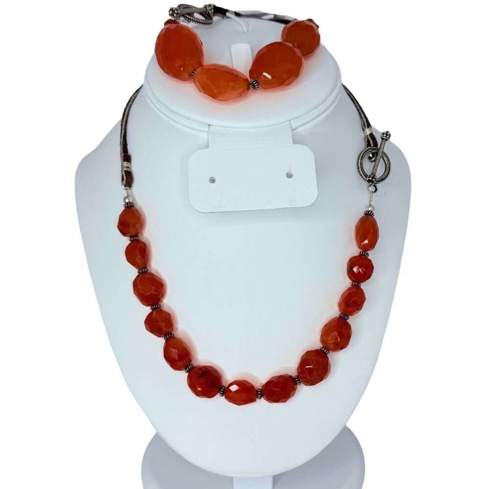 VTG Carnelian 925 Sterling Silver Jewelry Set Necklace 18"  Bracelet Bohemian